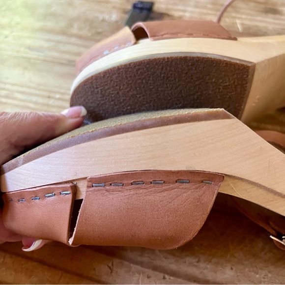 Swedish Hasbeens Merci Clog Sandals Leather Brown Tan Wood Heel Size 11 - Picture 12 of 13